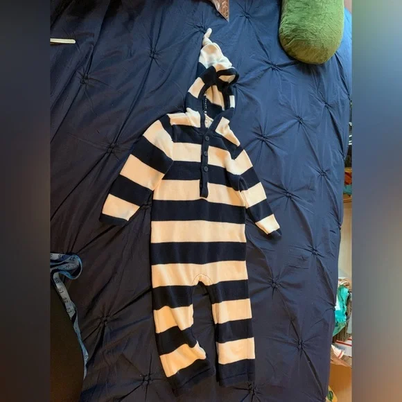 Old Navy Blue and White Striped Footie One Piece with Hood - Picture 1 of 6